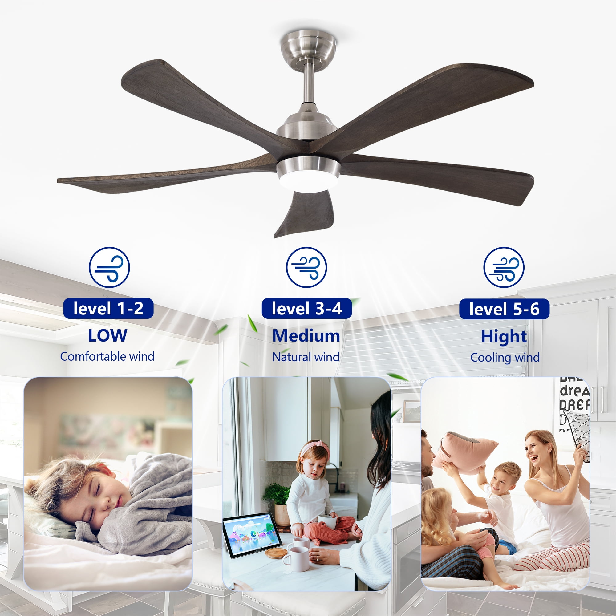 Leumius 52" Solid Wood Blades Ceiling Fan with Light and Remote Control,Quiet DC Motor 5 Blade Ceiling Fans 6 Speed Levels,Reversible for Patio Living Room Bedroom Office Nickel