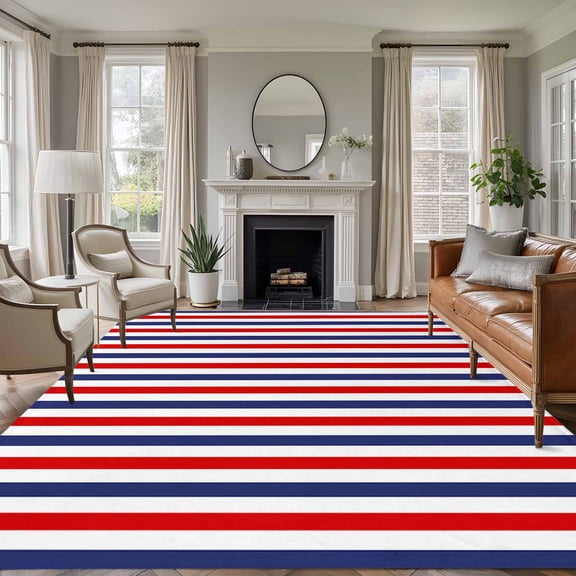 8x10 Area Rugs, Red Blue White Striped Non-Skid Rubber Backing Large Rectangle Rugs - Living Room Bedroom Home Office, Modern Simple Stripes Indoor Floor Mat Carpets Washable Rug