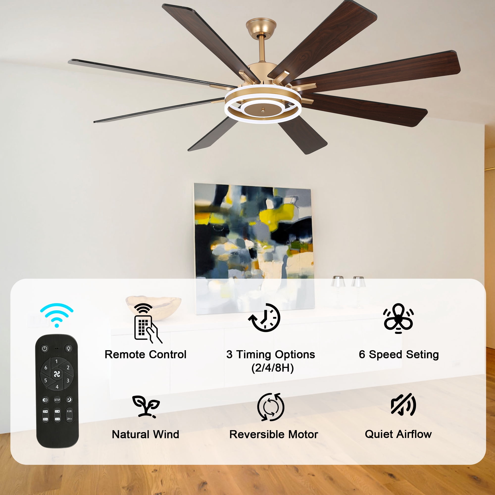 Bella Depot 72" Modern LED Ceiling Fan 6-Speed Reversible Chandelier With Dimmable Light and Remote Control