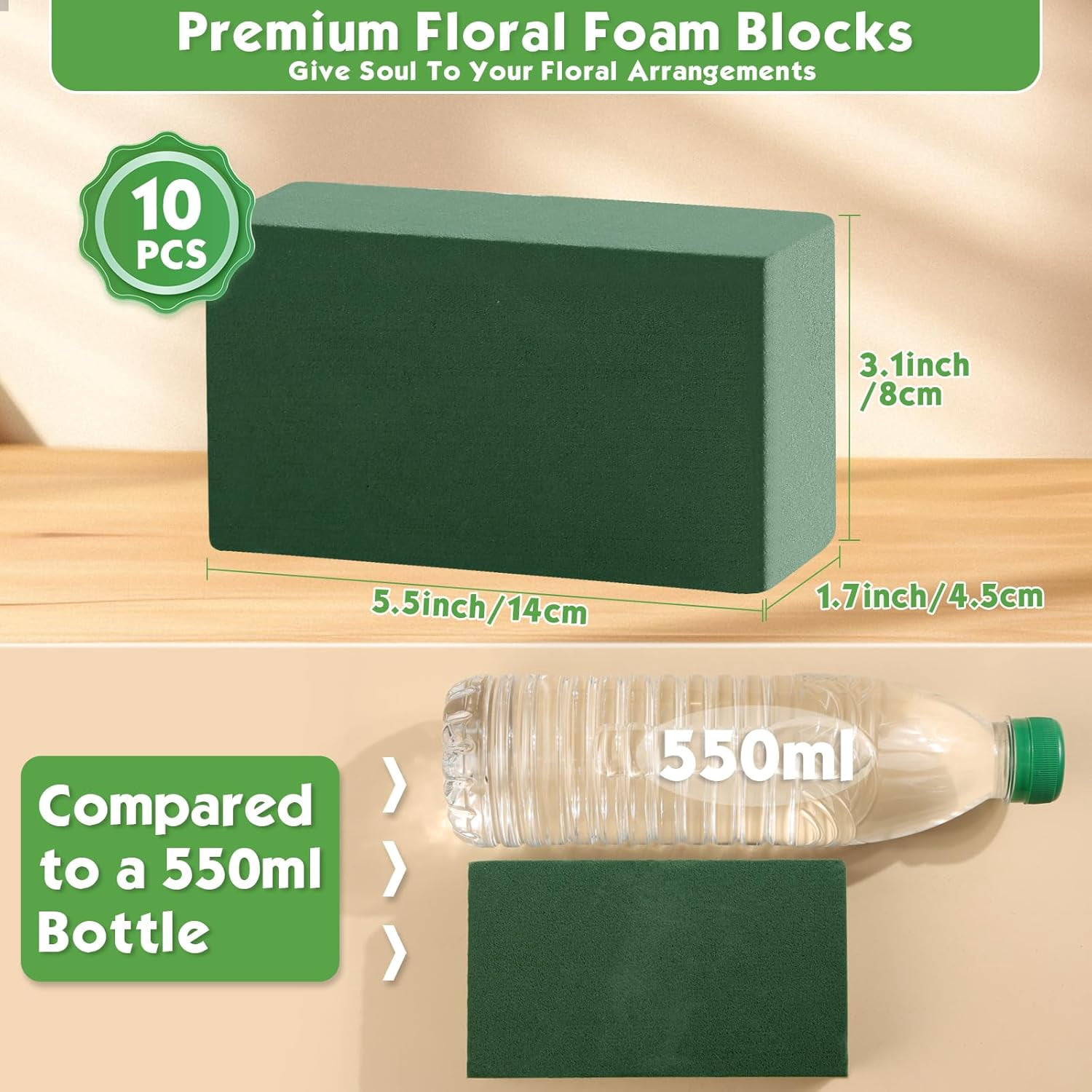 10 Pcs Small Floral Foam Blocks 5.5” x 3.1” x 1.7”, with 2 Rolls Waterproof Floral Tape - 12mm x 65.62ft, for Fresh or Artificial Flower Arrangements, DIY Wedding, Home Decor, and Crafts