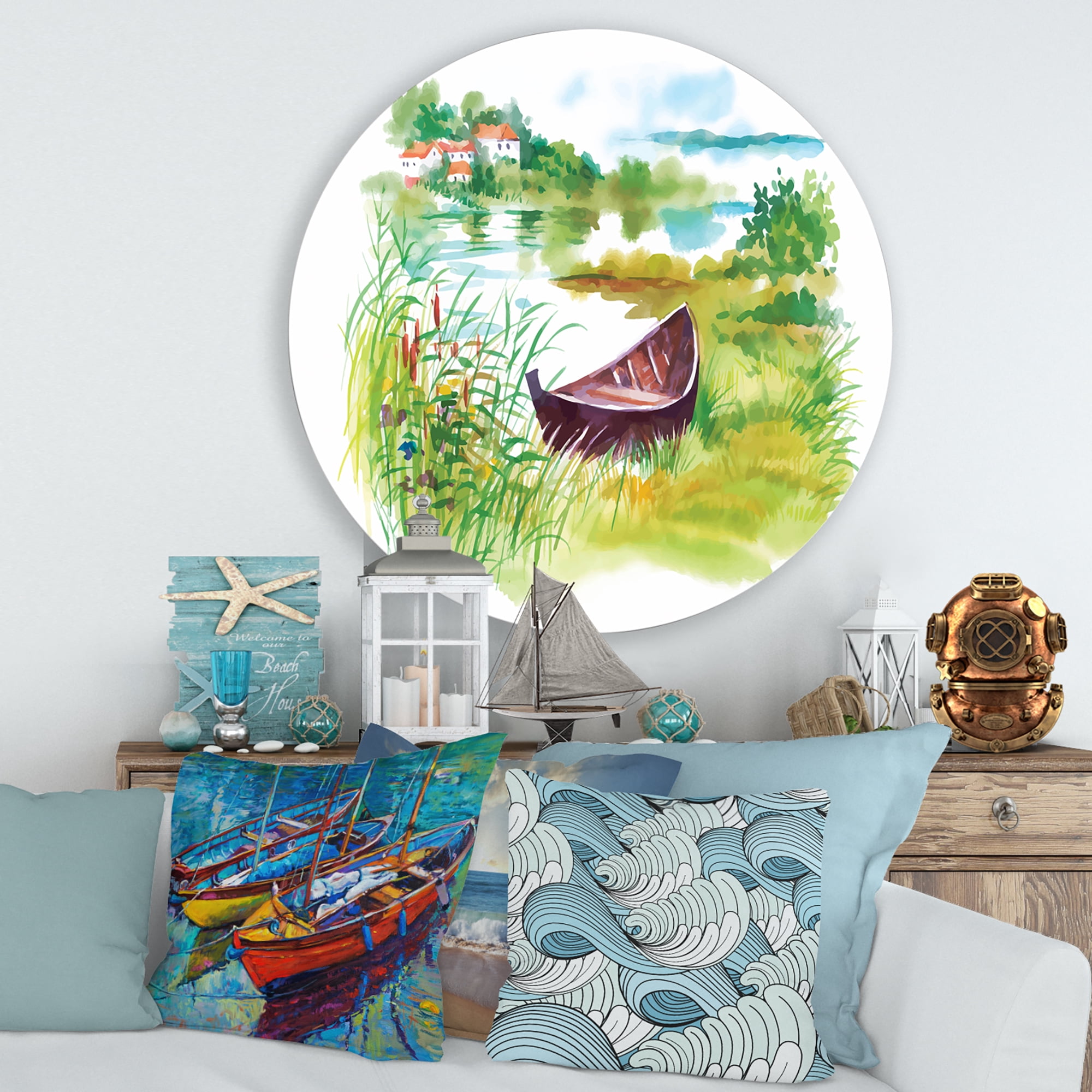 Designart 'Rural Green Landscape With Boat In Lake' Lake House Circle Metal Wall Art 29x29 - Disc of 29