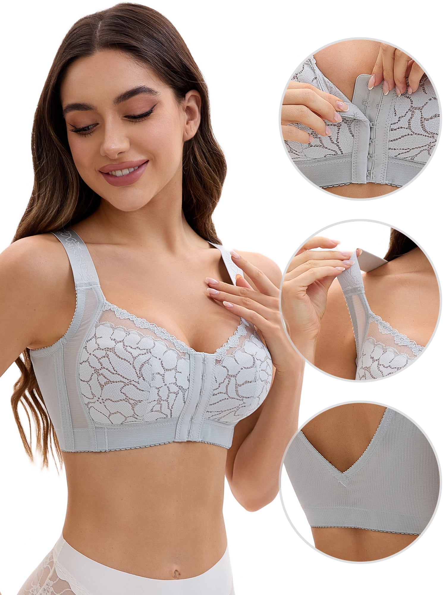 Unique Bargains Lace Front Closure Full Coverage Wirefree Bras E 48 Light Blue