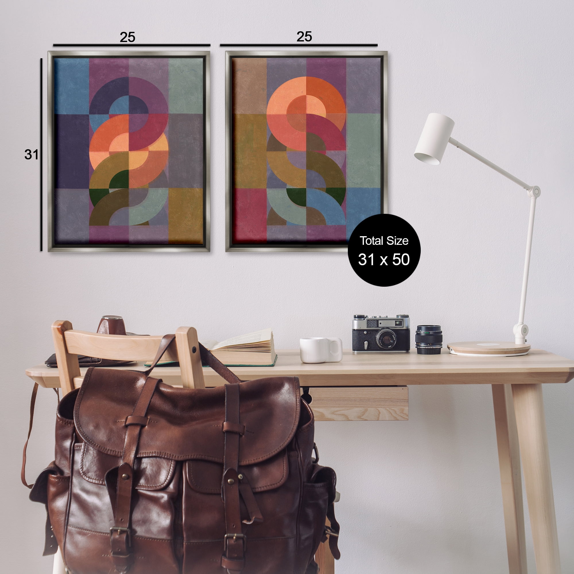 Stupell Industries Linked Circles Patterns Abstract Painting Gray Floater Framed Canvas Art Print Wall Art, 31 x 25, Set of 2