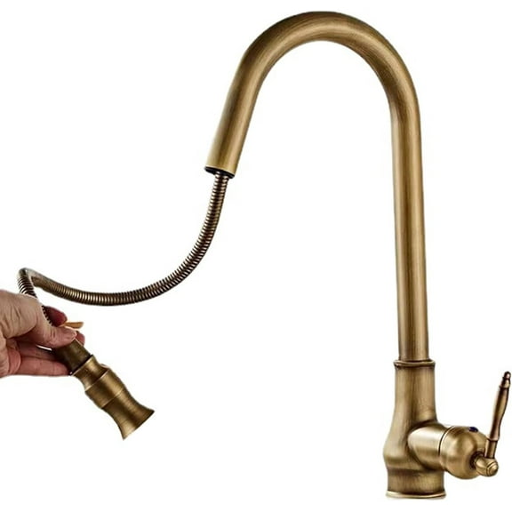 Kitchen faucets with Pull Down Sprayer Brass Antique Swivel Hot and Cold Water Single Hole Pull Down Kitchen Faucet-A