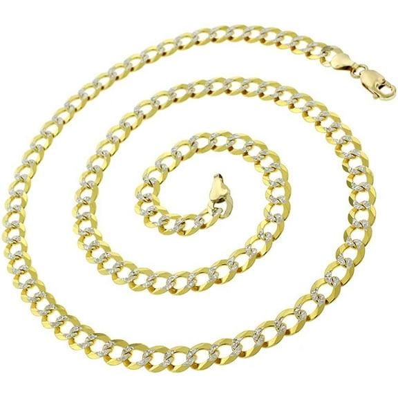 14K Yellow Gold 7mm Solid Cuban Diamond Cut Chain, FREE Microfiber Cloth, Curb Pave Link Mens Womens Necklace, Giorgio Bergamo
