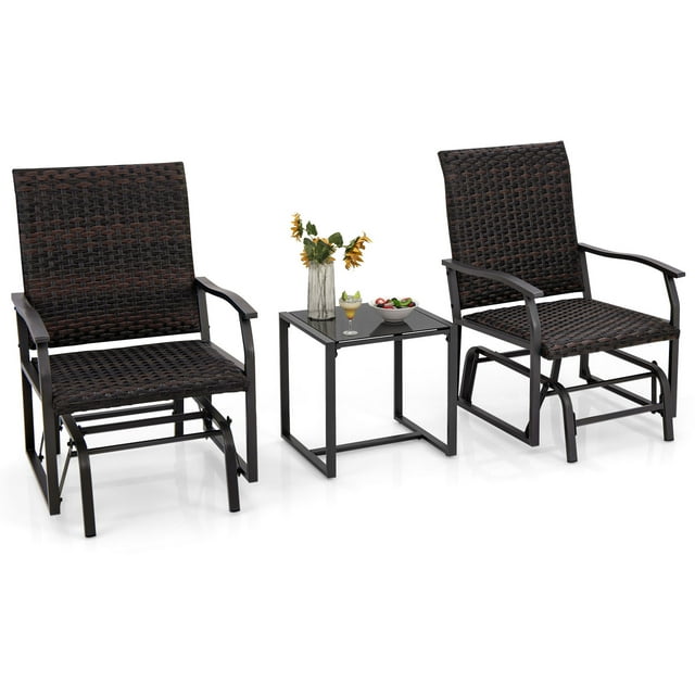 Costway 3 PCS Patio Gliding Set with Tempered Glass Coffee Table Quick Dry Foam Wicker All Weather