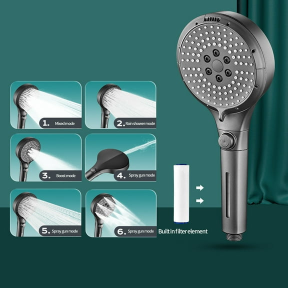 Hovmgk Turbo Shower Head, 6 Modes, High-Pressure Handheld Shower Nozzle with Water Stop Function, Pressurization for Low Water Pressure, Durable Plastic, Easy Install for Home & Family