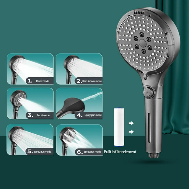 SuoKom Turbo Shower Head Home Bath Shower Nozzle Water Heater Filter Shower -6 Bathing Modes- One Pressurised Water Stop Function Shower Head.