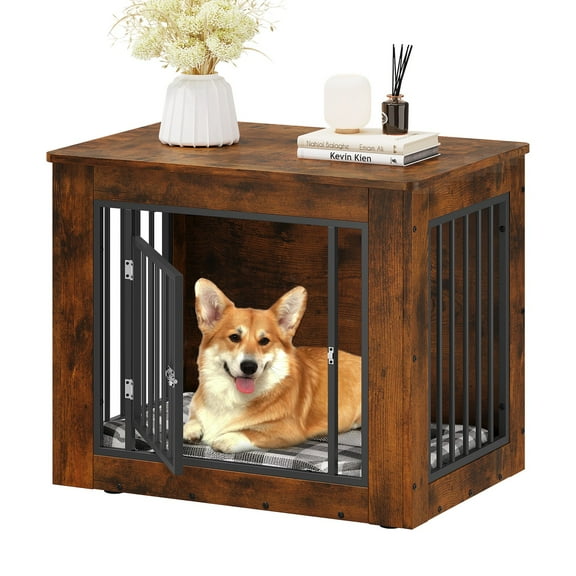 REKHH  Dog Crate Furniture for Medium Dogs, Side End Table, Modern Dogs Kennel Indoor up to 35 lb, 2-in-1 Iron-Wood Fusion Dog Cage with Waterproof Top, Safety Corners,Steel Lock,30"L, Rustic Brown