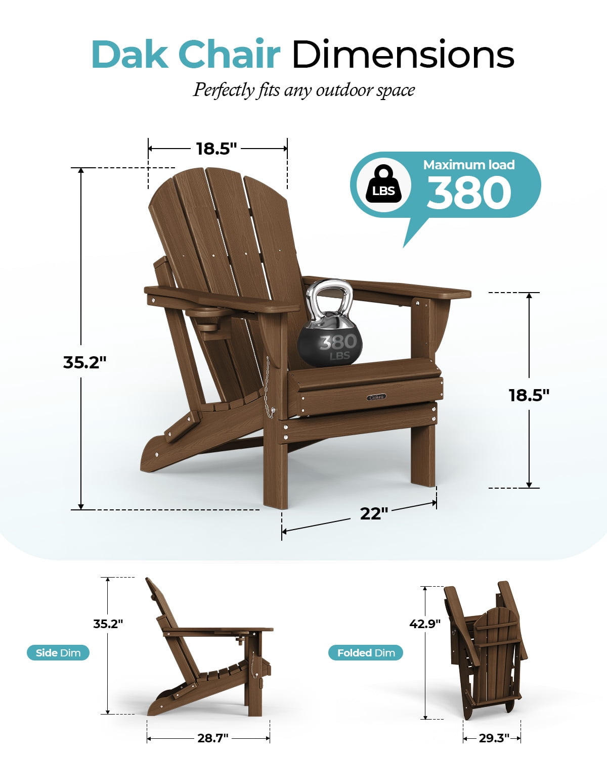 Folding Adirondack Chair, All-Weather HDPE Fire Pit Patio Chair, Brown