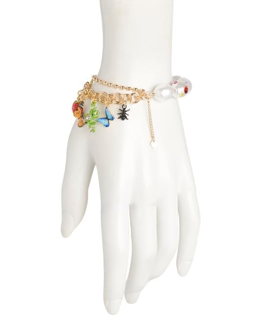 Betsey Johnson Women's Betsey's Backyard Butterfly Mixed Charm Pearl Stretch Bracelet