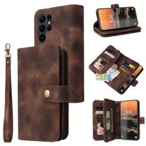 Dteck Zipper Wallet Case For Samsung Galaxy S23 Ultra,Magnetic Leather Card Slots Case Heavy Duty Rubber Kickstand Cover with Wrist & Shoulder Strap for Galaxy S23 Ultra,Brown