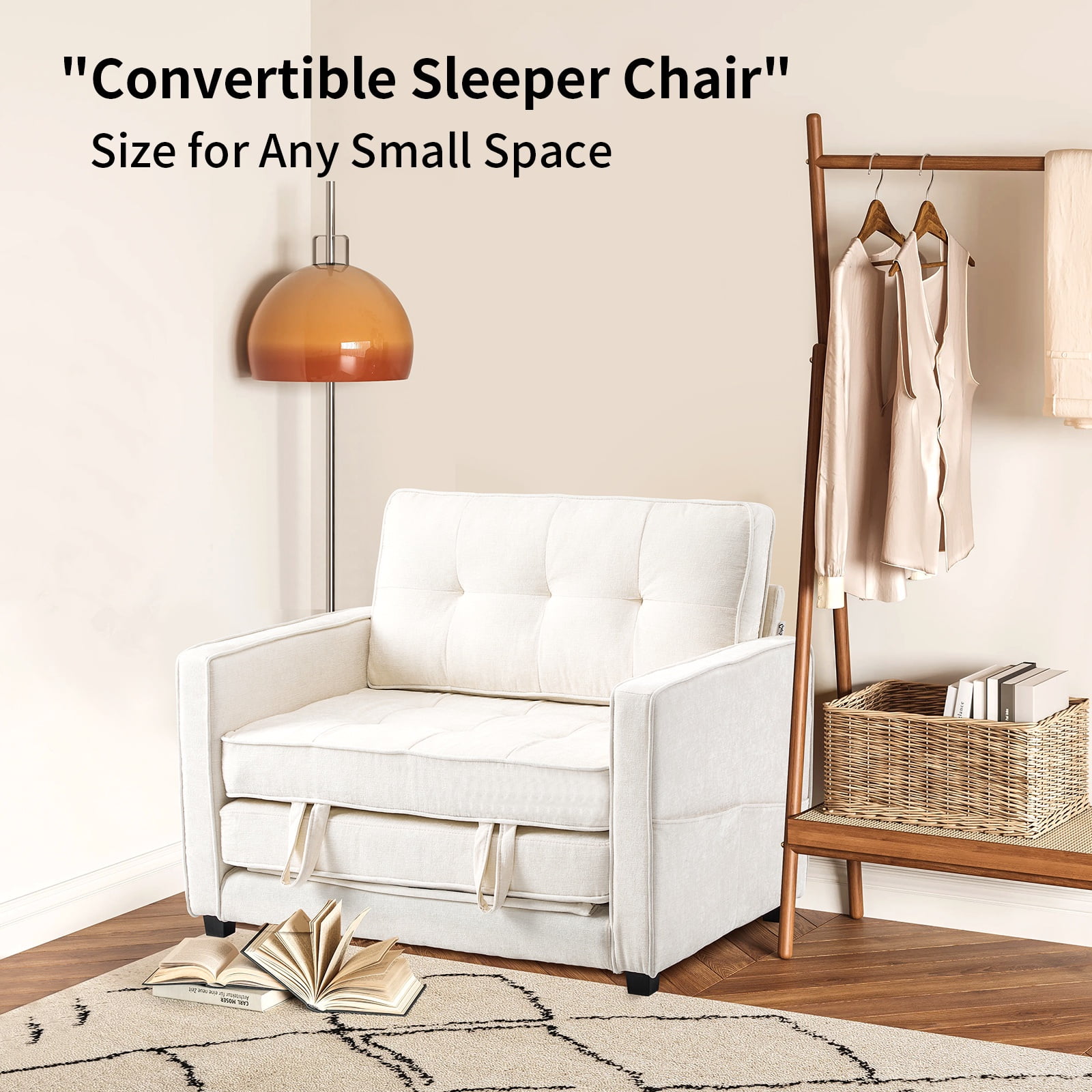 Capri 38.97”W Oversized Single Sofa Chair with Backrest, Multifunctional Sleeper Chair, Convertible Sofa Bed, Chenille Modern Accent Chair, Reading Armchair for Living Room Bedroom Study, White