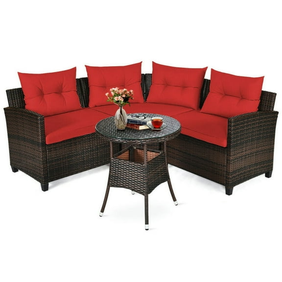 Topcobe 4 Pieces Outdoor Cushioned Rattan Furniture Set, Outdoor Patio Furniture for Garden Backyard-Red