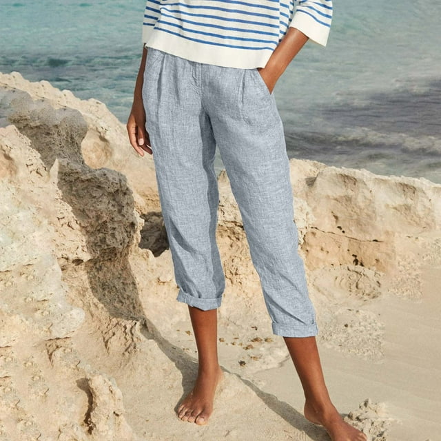 CFLVAEK Fake Denim Distressed Capri Pant with Pocket for Women Loose Fit Solid Ruched Beach Pant Flowy Breathable Straight Pedal Pushers Lightweight Mid Rise Ladies Lounge Pants
