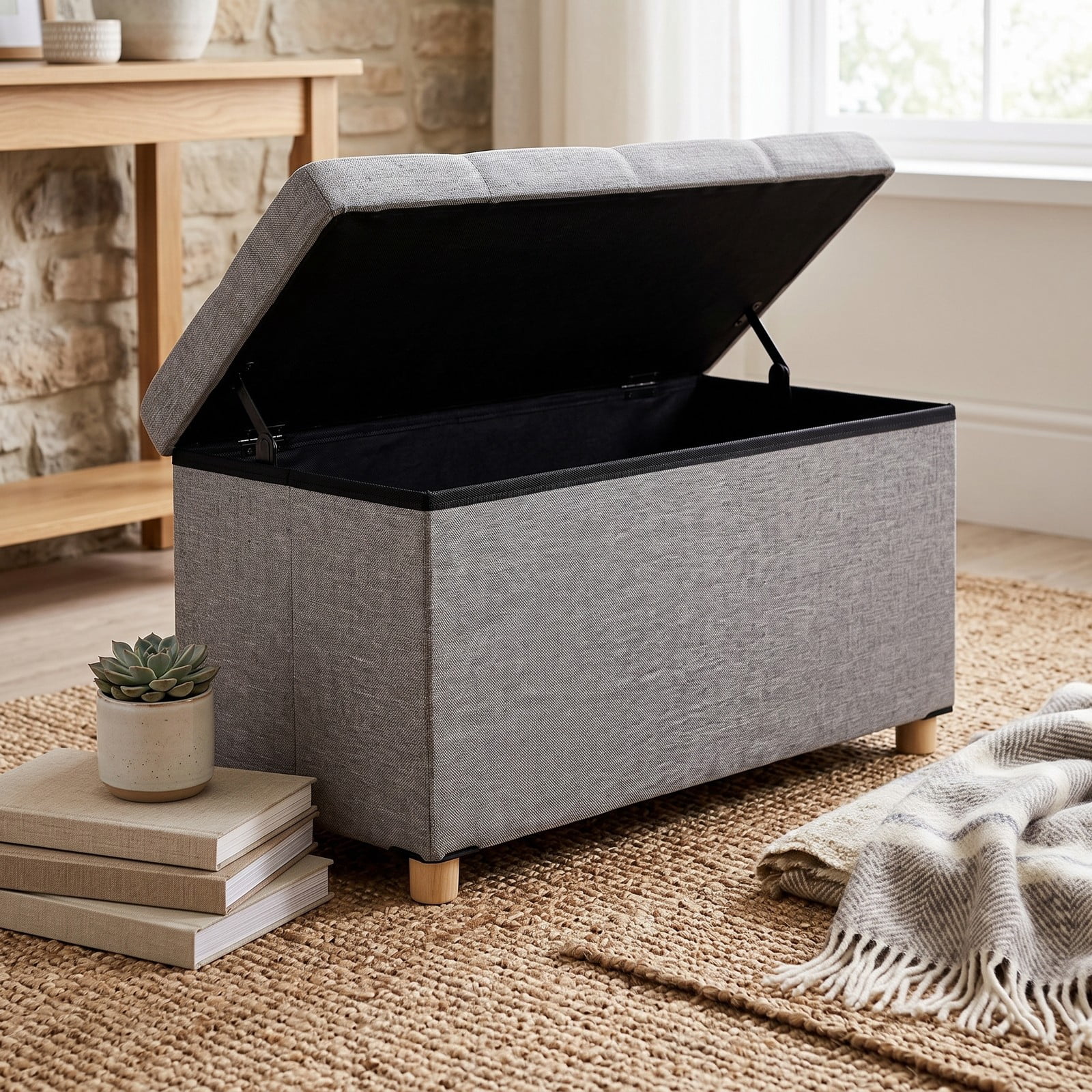 Furnibear 30 Inch Linen Storage Ottoman Bench with Flip Lid Tray and Rubber Wood Legs for Living Room, Bedroom and Entryway Foot Rest, Gray
