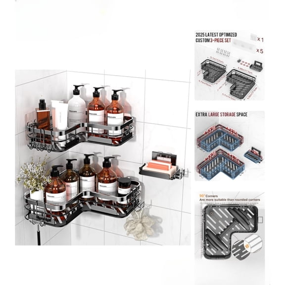 PLKJ Black Shower Organizer Caddy Corner Shelf Bathroom Storage with Hooks 3 Pack