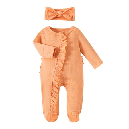 

Infant Girl Footies Rompers 3 6 12M Solid Color Frills Crew Neck Long Sleeve Baby Jumpsuits Newborn Clothes Bodysuits with Headband