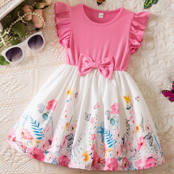 RMGVDSD Baby Girl Summer Dress Toddler Girls Fly Sleeve Floral Dresses Casual Sundress Ruffle Bowknot Princess Party Dress Fashion Clothes 12-18 Months
