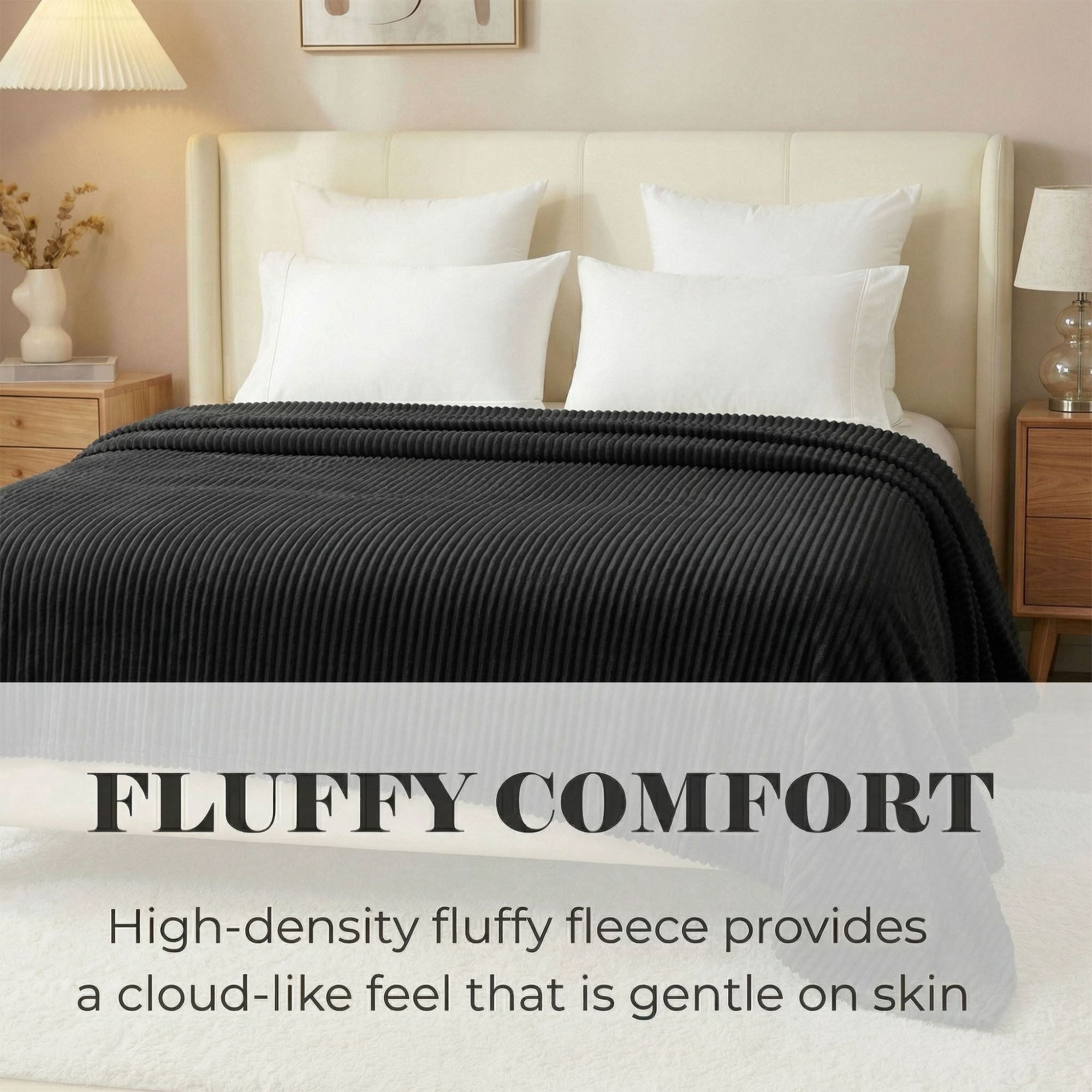 Superior Kacey Ribbed Fluffy Fleece Blanket, Full Queen Size, Black