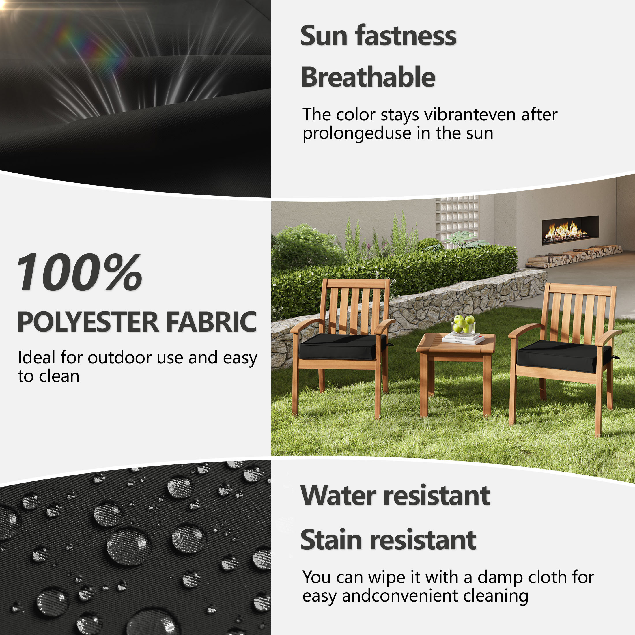 Kimunuk Outdoor Chair Cushions set of 2, 17" x 16" Zipped Waterproof Outdoor Seat Cushions Couch Pads with Ties for Patio Furniture, Black