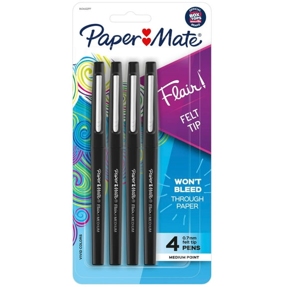 Paper Mate Flair Porous-Point Pens, Medium Point, 1.0 mm, Black Barrel, Black Ink, Pack Of 4