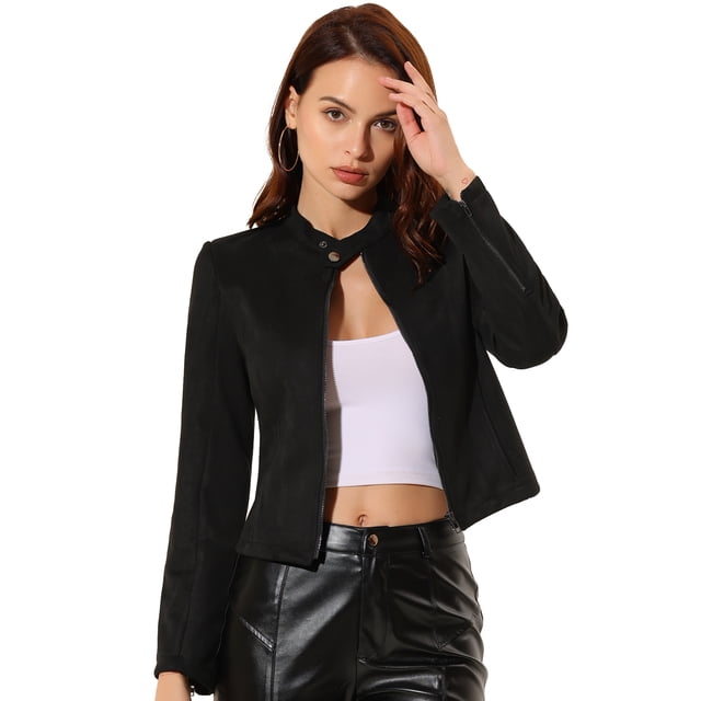 Chaqueta de gamuza Sintética Allegra K Cuello Alto Cremallera Manga Larga Abrigo de Motociclista Negro M