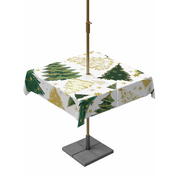 Outdoor Tablecloth with Umbrella Hole and Zipper, Christmas Tree Square Table Cloth 60x60 Inch Waterproof Tablecloth, White Green Xmas Tree Winter Picnic Table Cover for Patio Camping
