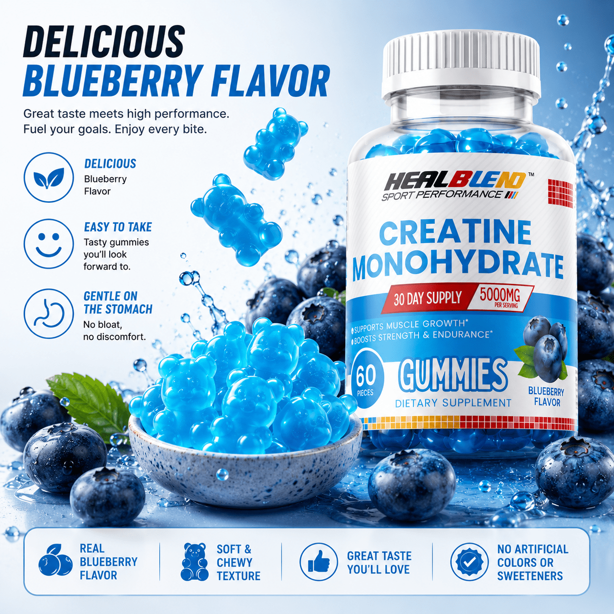 Healblend Sport Performance Creatine Monohydrate Gummies, Muscle Growth, Strength & Endurance Support Blueberry Flavor, 5000mg, 60 Count