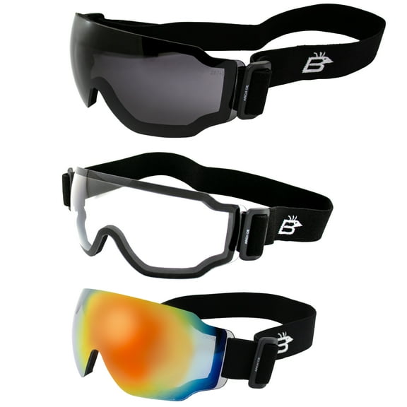 Birdz Eyewear Arch Sports Padded Safety Sky Diving Ski Motorcycle Goggles for Men & Women ANSI Z78.1  3 Pairs Clear Smoke and Red Mirror Lenses