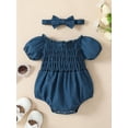 thumbnail image 2 of Licupiee Newborn Baby Girl Denim Dress Romper, Short Sleeve Off Shoulder Pleated Summer Short Jumpsuit + Headband Set, 2 of 7