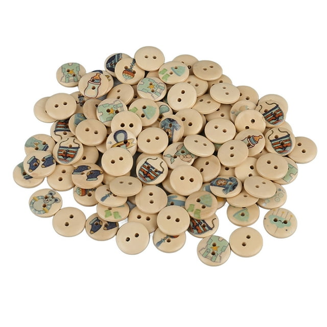 100 botones de madera con impresión mixta, 2 agujeros, redondos, decorativos, para costura, manualidades, troncos, color azul bebé
