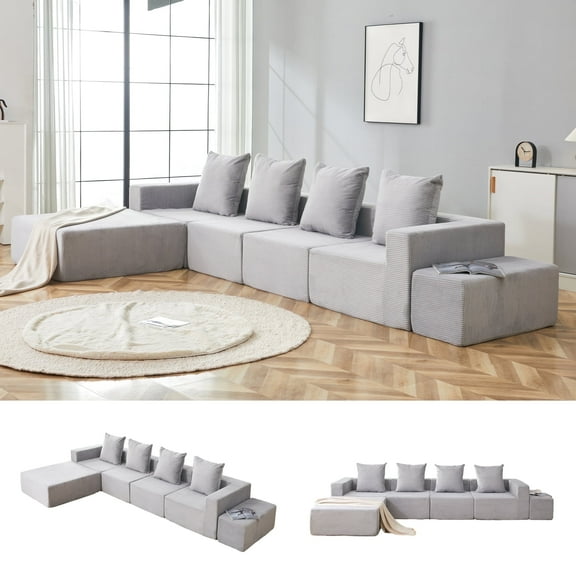 DTTRA 149.6" Oversized Boneless Sectional Couch, Modern 4 Seater Modular Sofa with Chaise & 2 Ottoman, Deep Seat Corduroy Cloud Couches for Living Room, No Assembly Required, Gray