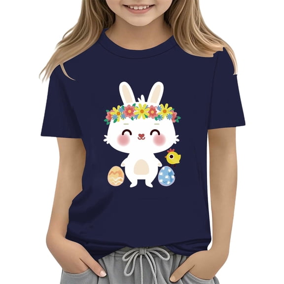 KAUOD Kid Cute Bunny Easter T Shirt Short Sleeve Crewneck Tees Girls Easter Days Shirts Pullover Casual Clothing