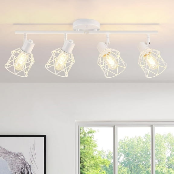 4-Lights Kitchen Light Fixtures Ceiling Mount, Adjustable Multi-Directional White Flush Mount Ceiling Light Fixture with Metal Cage, Modern Spot Ceiling Lamp for Hallway, Dining Room, Bedroom