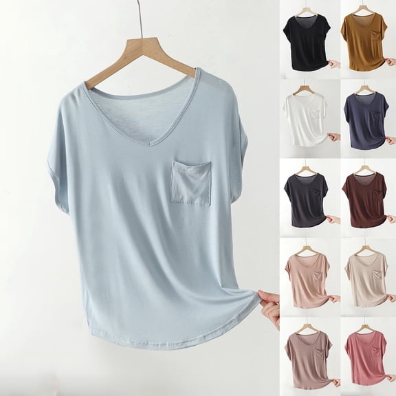 NSLGXD Casual T-Shirts for Women Short Sleeve V Neck Soft Lightweight Summer Tops Solid Color House Lounge Tee Shirt with Pockets Light Blue Shirts,Size M-2XL