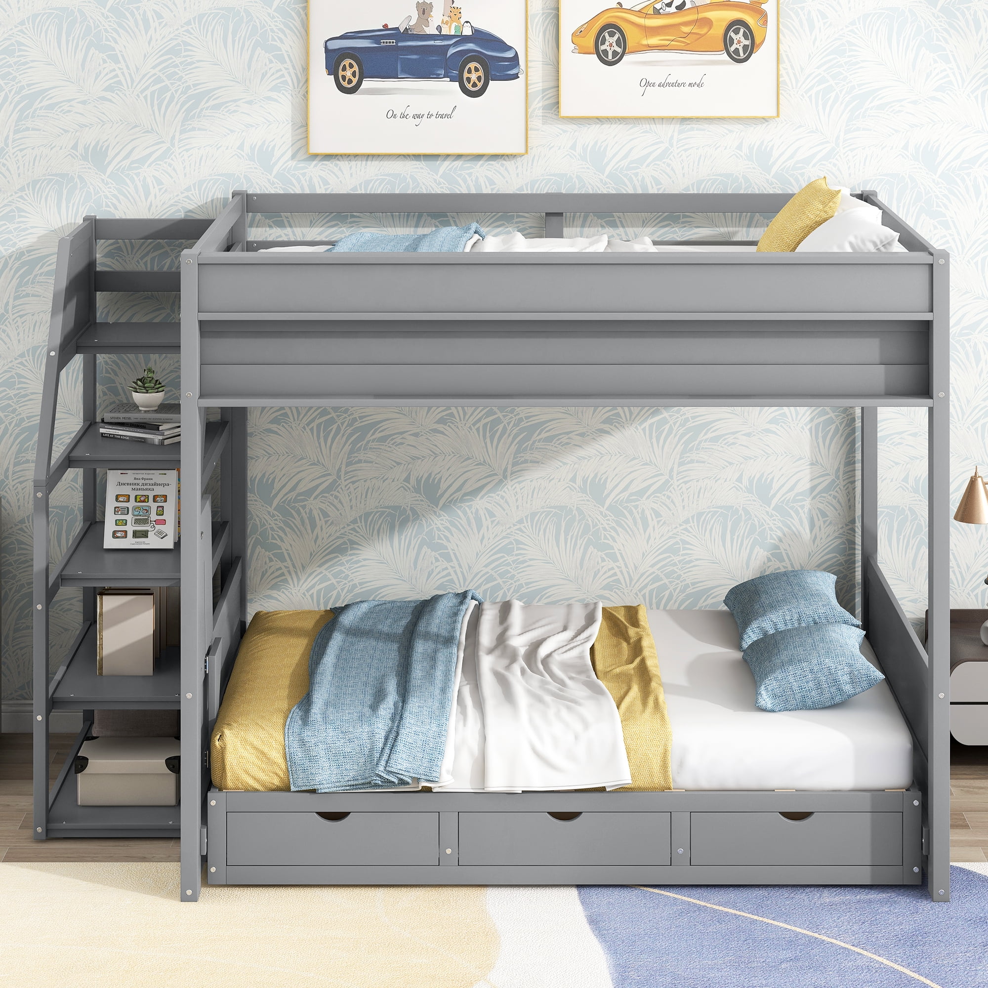 Euroco Wood Full Bunk Bed or Full over Futon with Shelf and Drawers for Kids Teens, Divided into 2 Single Beds