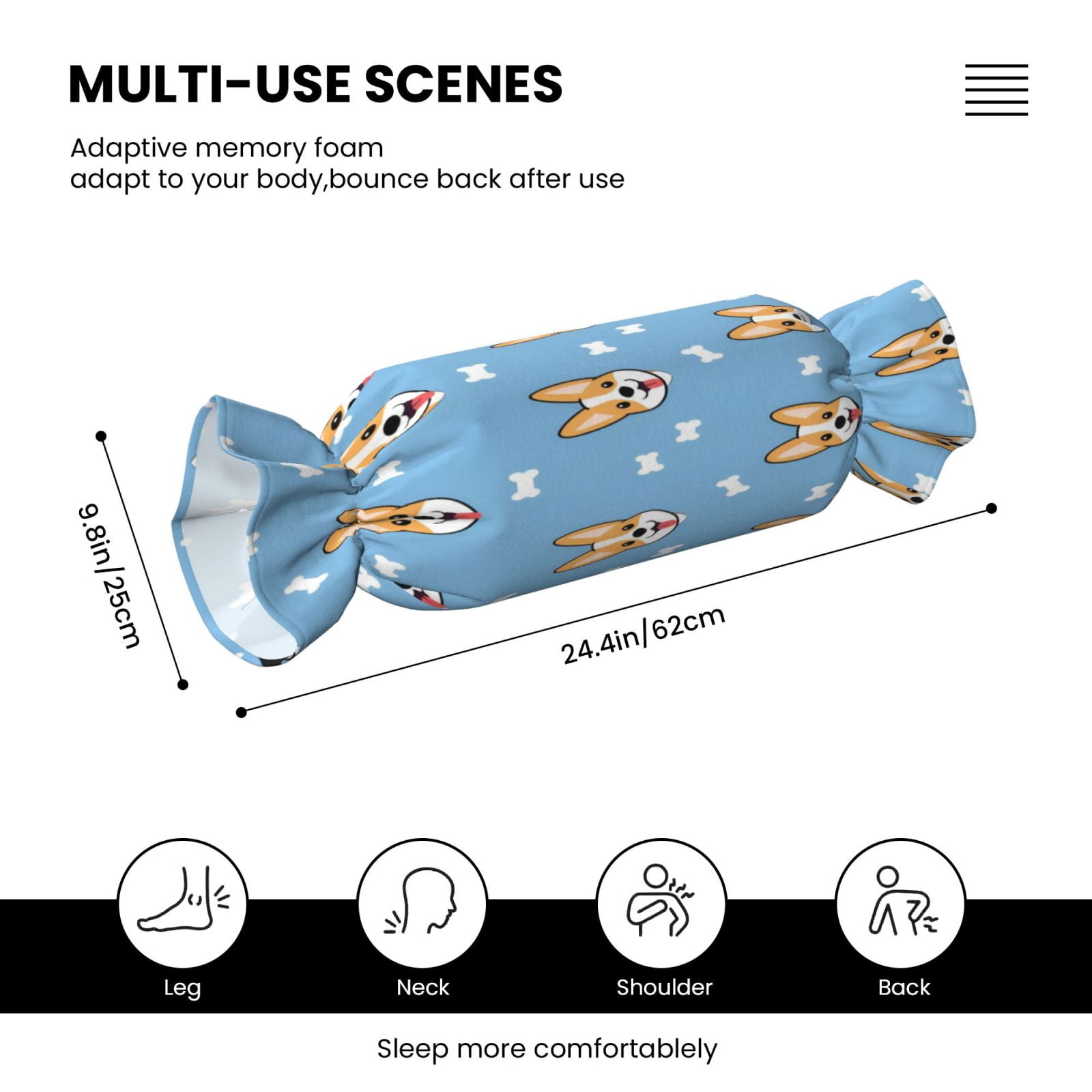 Candy Throw Pillow Travel Cervical Pillow Cylindrical Neck Body Cushion With Insert For Bed Couch Home Decor 9.8x24.4in Animal Dog Cartoon Pattern With Bones