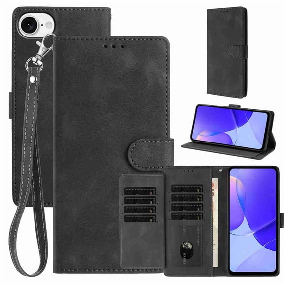 Allytechgroup Wallet Case for iPhone 16e/ iPhone 17e, Built-in Card Holder & Wrist Strap Slim PU Leather Non-Slip Anti-Fingerprint Shockproof Protective Bumper for iPhone 16e/ iPhone 17e, Black