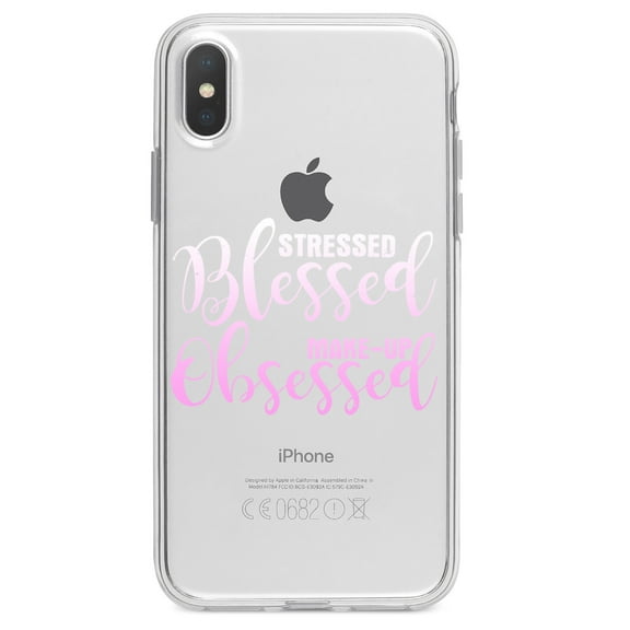 DistinctInk Clear Shockproof Hybrid Case for iPhone XR (6.1" Screen) - TPU Bumper Acrylic Back Tempered Glass Screen Protector - Stressed Blessed Make Up Obsessed