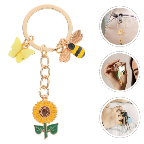Worgeous 5pcs Alloy Enamel Bee Sunflower Keychain Pendant Cute Animal Keyring Colorful Bag Charm Backpack Decoration Spring Party Favors