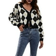 thumbnail image 2 of Women'S Knit Cardigan Sweaters Long Sleeve Argyle Open Front Button Down V Neck Cropped Coats Casual Trendy Tops Apricot Black M, 2 of 9