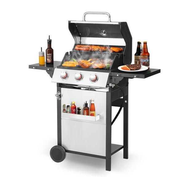 3-Burner Propane Gas Grill with 2 Foldable Side Tables, 30,000 BTU Outdoor BBQ Stainless Steel Grill with Porcelain-Enameled Cast Iron Grates and Thermometer, Easy Assembly for Patio, Backyard BBQ