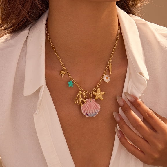 NICKSUN 18K Gold Plated Stainless Steel Ocean Seashell Starfish Pendant Necklace, Boho Tropical Palm Tree Daisy Fish Charm Necklace, Summer Beach Vacation Trendy Statement Jewelry for Women