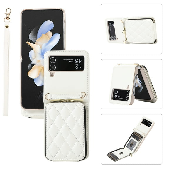 Allytechgroup for Samsung Galaxy Z Flip3 Wallet Case, Premium PU Leather Magnetic Buckle Zipper Pocket Card Slots Flip Stand Protective Cover with Hand Strap & Shoulder Strap - White