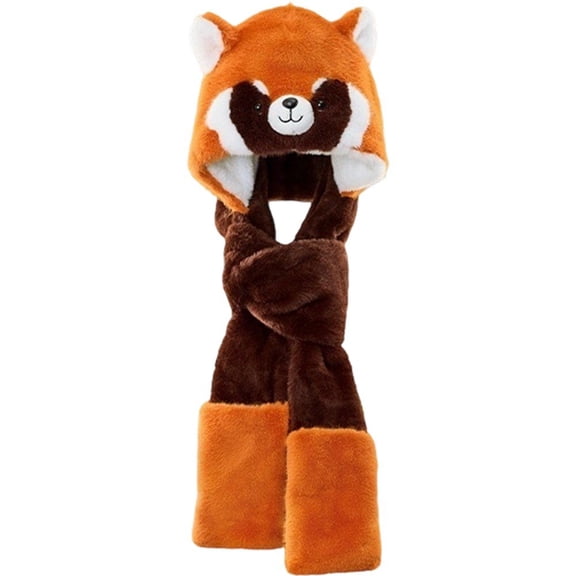 Jiibva Lovely Raccon Hat Cute Kawaii Fluffy Cap with Ear Flaps 2 in 1 Hat and Gloves Windproof Cycling Hat Plush Accessory