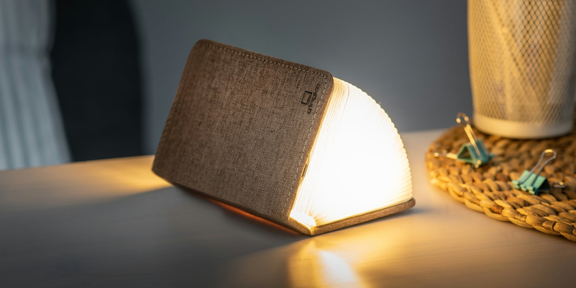 Gingko Coffee Brown Linen Fabric Octagon Smart Book Mini Light
