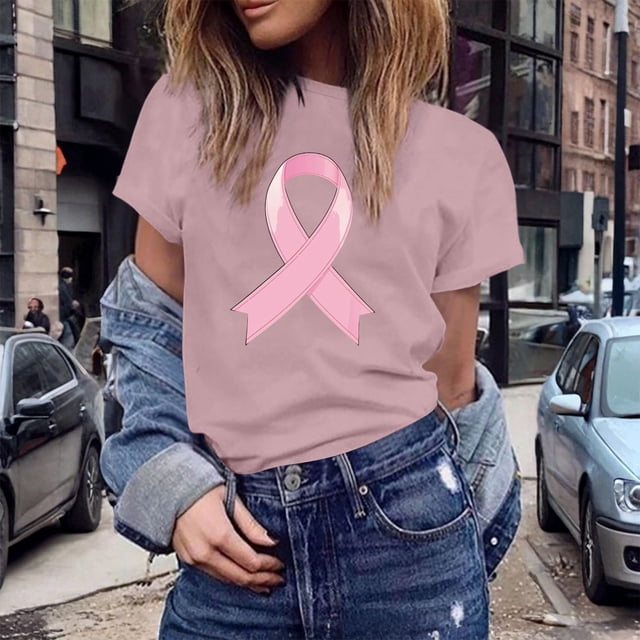 UANWENN T-Shirts Décontractés pour Femmes avec Imprimé Ruban de Sensibilisation au Cancer, Manches Courtes, Col Rond, Style de Base pour le Quotidien, Hauts pour Femmes à Manches Courtes, Chandail Léger Décontracté pour Femmes, Haltérophilie, Long
