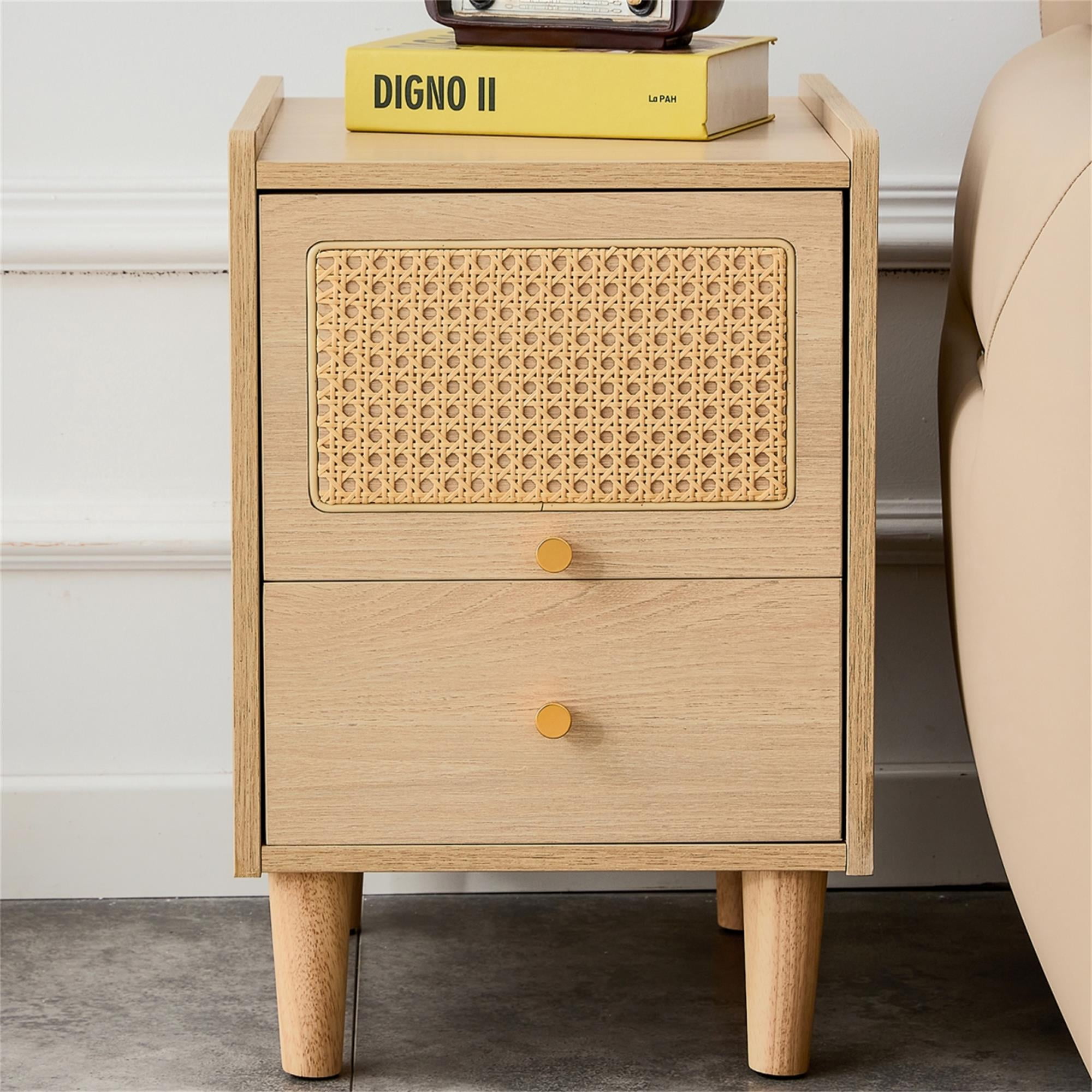 Resenkos Modern Natural End Side Table Nightstand, Bedroom Furniture with Rattan Drawers