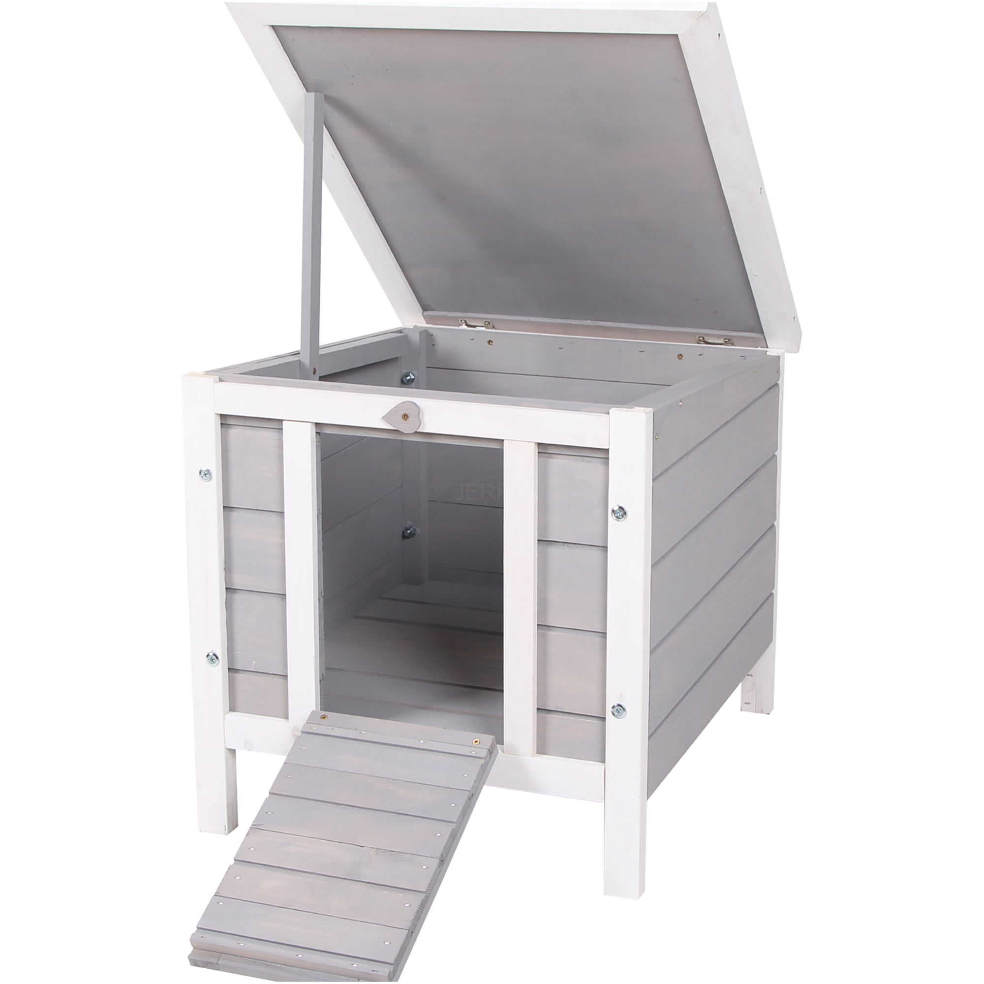 JERFIT Outdoor Rabbit Hutch with Waterproof Roof, Small Animal Cage for Bunny Guinea Pig, Wooden Pet House with Ramp, Elevated Bottom, Gray